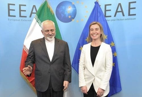 EU High Representative for Foreign Affairs and Security Policy Federica Mogherini (R) meets with Iran's Foreign Minister Mohammad Javad Zarif in Brussels, Beglium, March 16, 2015. (Xinhua/Ye Pingfan) EU High Representative for Foreign Affairs and Security Policy Federica Mogherini (R) meets with Iran's Foreign Minister Mohammad Javad Zarif in Brussels, Beglium, March 16, 2015. (Xinhua/Ye Pingfan)