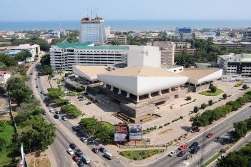 Photo taken on Sept. 15 shows the general outside view of the National Theatre of Ghana in downtown Accra, Ghana. As a landmark in Accra, the National Theatre of Ghana that was completed in 1992, was built under loans by Chinese government. (Xinhua/Lin Xiaowei) Photo taken on Sept. 15 shows the general outside view of the National Theatre of Ghana in downtown Accra, Ghana. As a landmark in Accra, the National Theatre of Ghana that was completed in 1992, was built under loans by Chinese government. (Xinhua/Lin Xiaowei)