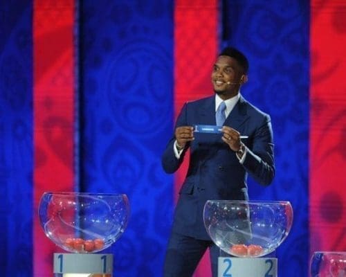 Cameroon's soccer player Samuel Eto'o holds up the slip showing "Cameroon" during the preliminary draw for the 2018 FIFA World Cup at Konstantin Palace in St. Petersburg, Russia July 25, 2015. (Xinhua/Dai Tianfang) Cameroon's soccer player Samuel Eto'o holds up the slip showing "Cameroon" during the preliminary draw for the 2018 FIFA World Cup at Konstantin Palace in St. Petersburg, Russia July 25, 2015. (Xinhua/Dai Tianfang)