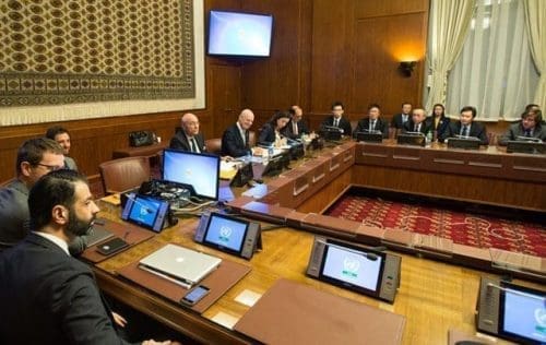 The United Nations Special Envoy for Syria, Staffan de Mistura (5th L) holds a meeting with representatives of Britain, China, France, Russia and United States, the five permanent members of the Security Council of United Nations, in Geneva, Switzerland, Jan. 13, 2016. Staffan de Mistura, said on Wednesday that he and his team will continue working hard to issue the invitations in order to ensure maximum inclusivity with a view to start the intra-Syrian peace talks in Geneva on Jan. 25. (Xinhua/Xu Jinquan)