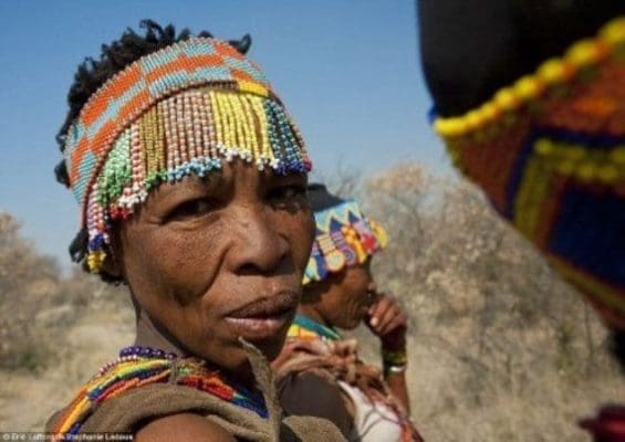 Colourful: The women of the San tribe make their colourful beads from ostrich egg shells and make extra money by selling them to tourists Colourful: The women of the San tribe make their colourful beads from ostrich egg shells and make extra money by selling them to tourists