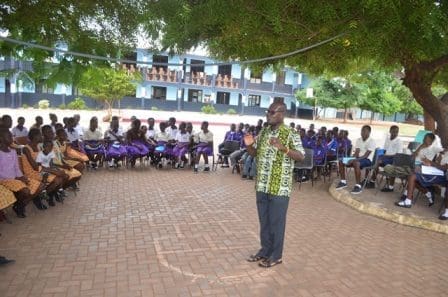 students and Mr David Nyaogbe, Co-Founder of the Ghana Society for the Protection and Care of Animals during the education session at Agbogba students and Mr David Nyaogbe, Co-Founder of the Ghana Society for the Protection and Care of Animals during the education session at Agbogba