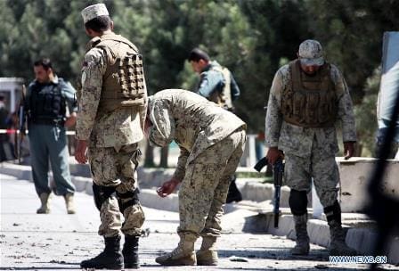 afghan-policemen-inspect Afghan policemen inspect the site of a blast in Kabul, capital of Afghanistan, on Sept. 8, 2016. One civilian was killed and three others injured as a bicycle bomb planted by militants went off in Kabul on Thursday, police said. (Xinhua/Jawid Omid)