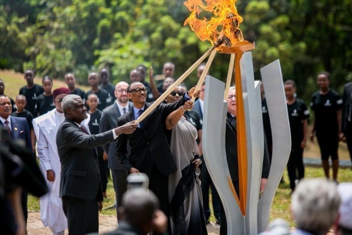 Rwandan President Paul Kagame, his wife Jeannette Kagame, African Union Commission Chairperson Moussa Faki Mahamat and President of the European Commission Jean-Claude Juncker light the flame of remembrance at the Kigali Genocide Memorial during the commemoration of the 25th anniversary of the 1994 Rwandan genocide against Tutsi, in Kigali, capital of Rwanda, on April 7, 2019. Rwandans on Sunday started the commemoration to mark the 25th anniversary of the 1994 genocide that left over 1 million people dead, mainly ethnic Tutsis, with President Pual Kagame calling for continued efforts to transform the country. (Xinhua/Office of the President of Rwanda) Rwandan President Paul Kagame, his wife Jeannette Kagame, African Union Commission Chairperson Moussa Faki Mahamat and President of the European Commission Jean-Claude Juncker light the flame of remembrance at the Kigali Genocide Memorial during the commemoration of the 25th anniversary of the 1994 Rwandan genocide against Tutsi, in Kigali, capital of Rwanda, on April 7, 2019. Rwandans on Sunday started the commemoration to mark the 25th anniversary of the 1994 genocide that left over 1 million people dead, mainly ethnic Tutsis, with President Pual Kagame calling for continued efforts to transform the country. (Xinhua/Office of the President of Rwanda)