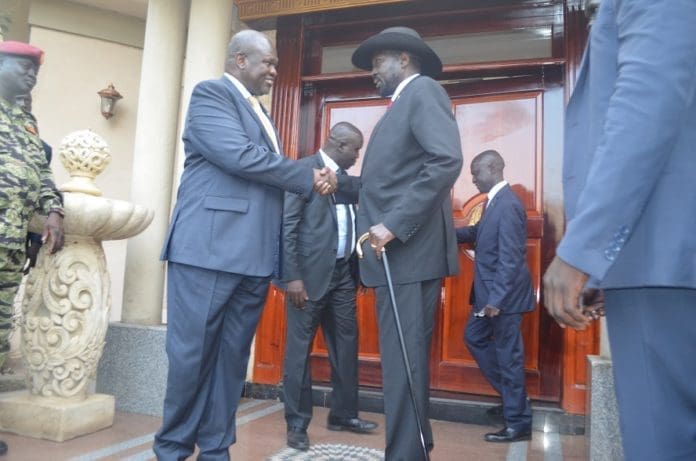 South Sudanese President Salva Kiir (R) shakes hands with South Sudan's exiled rebel leader Riek Machar in Juba, capital of South Sudan, Sept. 9, 2019. Riek Machar arrived in Juba on Monday for face-to-face talks with President Salva Kiir. President Kiir and Machar are expected to discuss and reevaluate progress and challenges facing the revitalized peace deal they signed in September 2018 in Ethiopia to end more than five years of conflict. (Xinhua Denis Elamu)