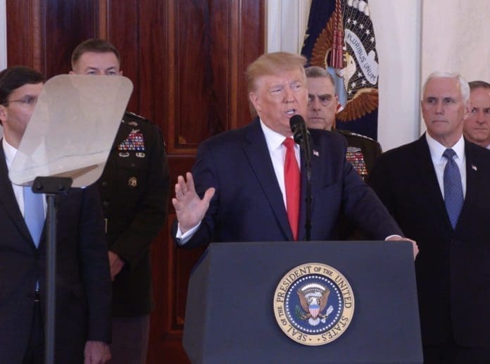 U.S. President Donald Trump (C) delivers a statement at the White House in Washington D.C., the United States, Jan. 8, 2020. Donald Trump said on Wednesday that no U.S. casualties have resulted from Iran's missiles attack against U.S. forces in Iraq on Tuesday, adding that the United States would impose additional sanctions against Tehran. (Xinhua/Hu Yousong)