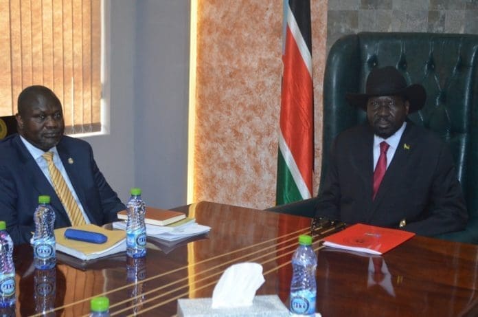 South Sudanese President Salva Kiir (R) is seen with South Sudan's exiled rebel leader Riek Machar in Juba, capital of South Sudan, Sept. 9, 2019. Riek Machar arrived in Juba on Monday for face-to-face talks with President Salva Kiir. President Kiir and Machar are expected to discuss and reevaluate progress and challenges facing the revitalized peace deal they signed in September 2018 in Ethiopia to end more than five years of conflict. (Xinhua Denis Elamu)