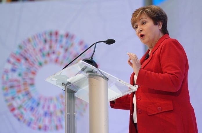 Kristalina Georgieva, Managing Director of the International Monetary Fund (IMF), delivers a speech in Washington D.C., the United States, Oct. 8, 2019. (Xinhua/Liu Jie)