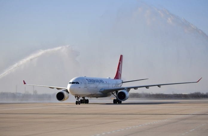 The first flight of the Xi'an-Istanbul direct air route arrives at Xi'an Xianyang International Airport in Xi'an, capital of northwest China's Shaanxi Province, Dec. 30, 2019. Three round trips operated by Turkish Airlines are expected to be made between Xi'an and Istanbul, with inbound flights on every Monday, Wednesday and Friday, and outbound ones on every Tuesday, Thursday and Saturday. (Xinhua/Shao Rui)