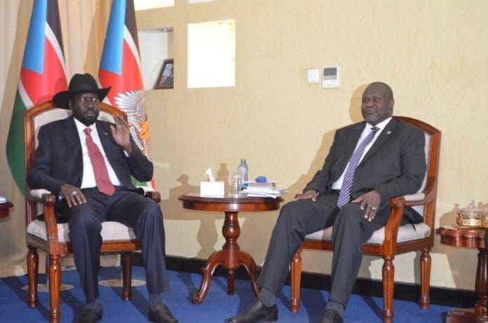 South Sudanese President Salva Kiir (L) converses with opposition leader Riek Machar in Juba, capital of South Sudan, Jan. 15, 2020. South Sudan warring parties on Wednesday agreed to continue with further consultations on the contentious issue of the number of states after Salva Kiir and Riek Machar met in Juba. (Xinhua/Denis Elamu) South Sudanese President Salva Kiir (L) converses with opposition leader Riek Machar in Juba, capital of South Sudan, Jan. 15, 2020. South Sudan warring parties on Wednesday agreed to continue with further consultations on the contentious issue of the number of states after Salva Kiir and Riek Machar met in Juba. (Xinhua/Denis Elamu)