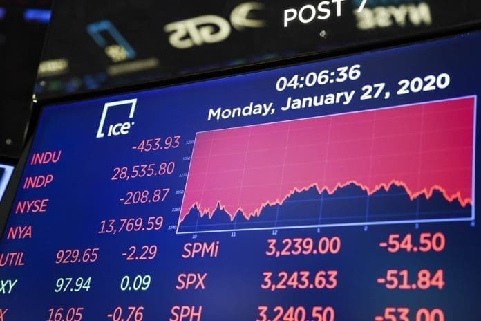 An electronic screen shows the trading data at the New York Stock Exchange in New York, the United States, on Jan. 27, 2020. U.S. stocks ended significantly lower on Monday. The Dow fell 1.57 percent to 28,535.80, the S&P 500 decreased 1.57 percent to 3,243.63, and the Nasdaq dropped 1.89 percent to 9,139.31. (Xinhua/Wang Ying)