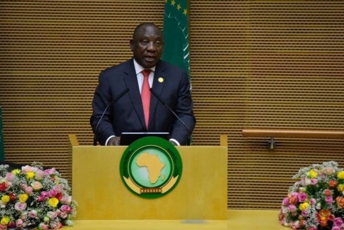 South African President Cyril Ramaphosa speaks during the opening of the 33rd African Union (AU) summit of heads of state and government at the AU headquarters in Addis Ababa, Ethiopia, Feb. 9, 2020. (Photo by Michael Tewelde/Xinhua)