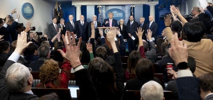 U.S. President Donald Trump attends a press conference in the White House in Washington D.C., the United States, on Feb. 26, 2020. U.S. President Donald Trump on Wednesday appointed Vice President Mike Pence to oversee the country's response to the novel coronavirus outbreak. (Xinhua/Liu Jie)