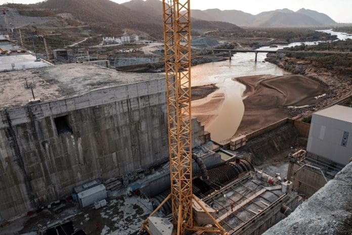 A general view of the Blue Nile river as it passes through the Grand Ethiopian Renaissance Dam (GERD), near Guba in Ethiopia, on December 26, 2019. - The Grand Ethiopian Renaissance Dam, a 145-metre-high, 1.8-kilometre-long concrete colossus is set to become the largest hydropower plant in Africa. (AFP)