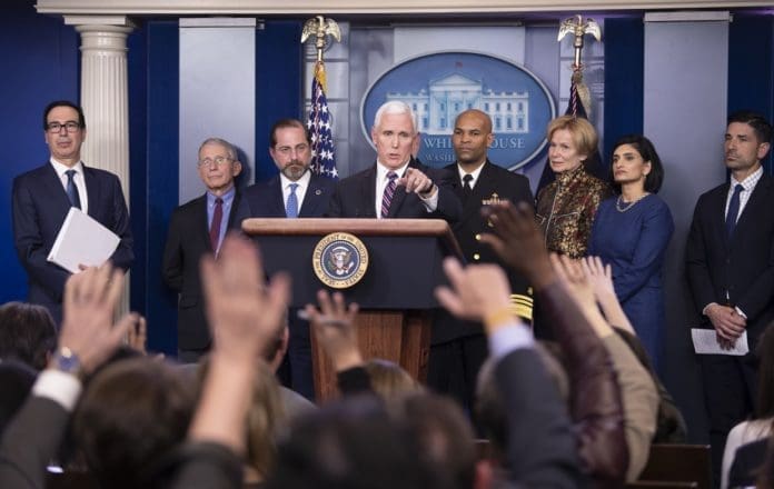 U.S. Vice President Mike Pence attends a press conference on the COVID-19 at the White House in Washington D.C. March 9, 2020. (Xinhua/Liu Jie)