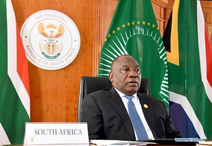 South African President Cyril Ramaphosa speaks at the Extraordinary China-Africa Summit on Solidarity against COVID-19 in Pretoria, South Africa, June 17, 2020. The summit, held via video link, was jointly proposed by China, South Africa, the rotating chair of the African Union (AU), and Senegal, the co-chair of the Forum on China-Africa Cooperation (FOCAC). (South Africa Presidency/Handout via Xinhua) South African President Cyril Ramaphosa speaks at the Extraordinary China-Africa Summit on Solidarity against COVID-19 in Pretoria, South Africa, June 17, 2020. The summit, held via video link, was jointly proposed by China, South Africa, the rotating chair of the African Union (AU), and Senegal, the co-chair of the Forum on China-Africa Cooperation (FOCAC). (South Africa Presidency/Handout via Xinhua)