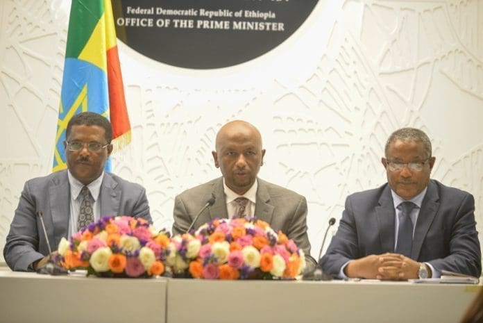 Press secretary at the office of the Prime Minister Nigusu Tilahun (L), Ethiopia's Minister of Water, Irrigation and Electricity Dr. Eng. Seleshi Bekele (C) and Minister of Foreign Affairs Gedu Andargachew attend a press conference in Addis Ababa, capital of Ethiopia, March 3, 2020. Ethiopia on Tuesday accused the United States of being "undiplomatic" in trying to resolve a row over Grand Ethiopian Renaissance Dam but vowed to continue with ongoing talks. (Xinhua/Michael Tewelde)