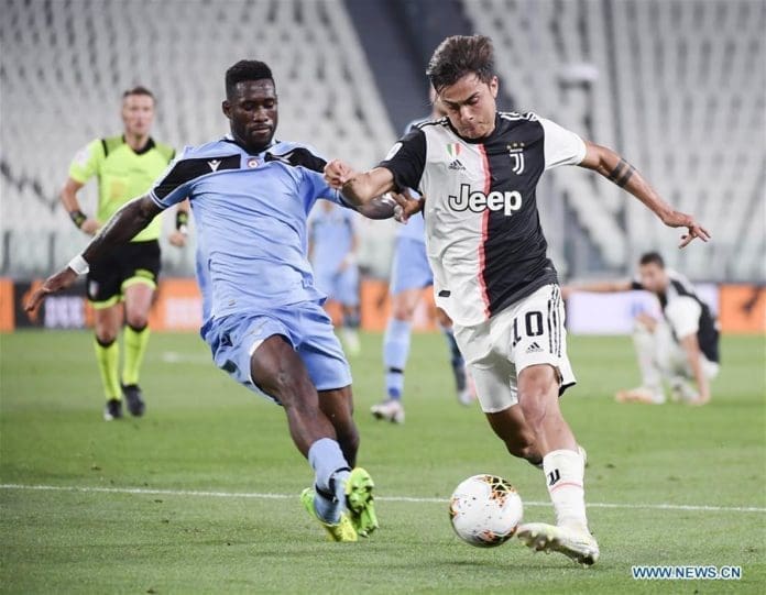 FC Juventus' Paulo Dybala (R) vies with Lazio's Bastos during the Serie A football match in Turin, Italy, July 20, 2020. (Photo by Federico Tardito/Xinhua) FC Juventus' Paulo Dybala (R) vies with Lazio's Bastos during the Serie A football match in Turin, Italy, July 20, 2020. (Photo by Federico Tardito/Xinhua)