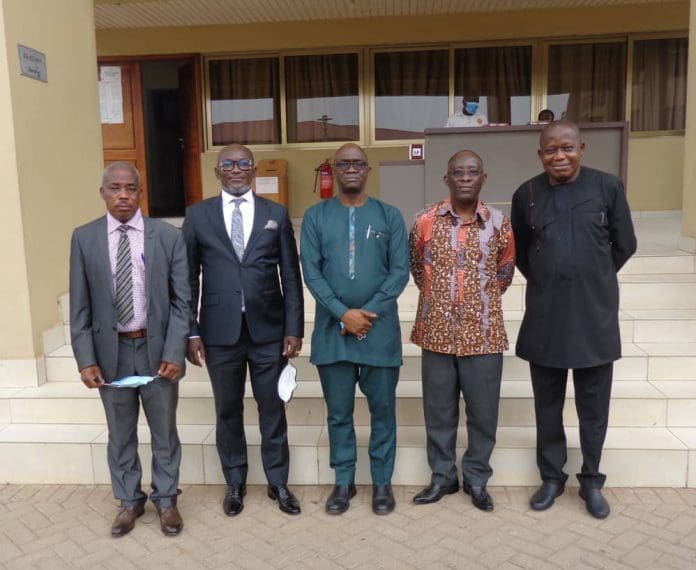Prof. Mohammed Salifu (middle) with the Council Chairmen and Vice Chancellors of UEW and AAM-USTED