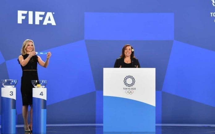 FIFA Legend, Lindsay Tarpley, member of the USA women’s national team and two-time Olympic gold medallist (Athens 2004 and Beijing 2008) and Sarai Bareman, FIFA Chief Women’s Football Officer during the draws. (Photo by FIFA) Olympic draw