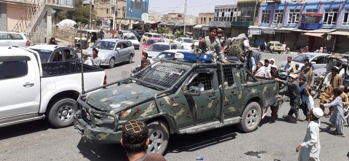 Taliban militants are seen inside the Kandahar city, southern Afghanistan, Aug. 13, 2021. Taliban militants on Friday claimed to have taken control over key southern Afghan cities of Lashkar Gah and Kandahar, after weeks of heavy clashes between the Taliban and government forces. (Str/Xinhua)