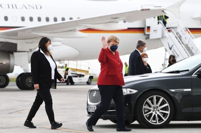 German Chancellor Angela Merkel arrives at Newquay Airport on June 11, 2021, Newquay, England. (Getty Images)