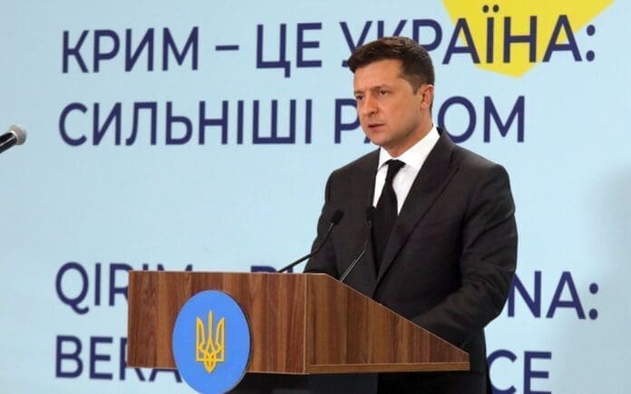 23 August 2021, Ukraine, Kiev: President of Ukraine Volodymyr Zelensky holds a speech during the Crimea Summit. Photo: -/Ukrinform/dpa