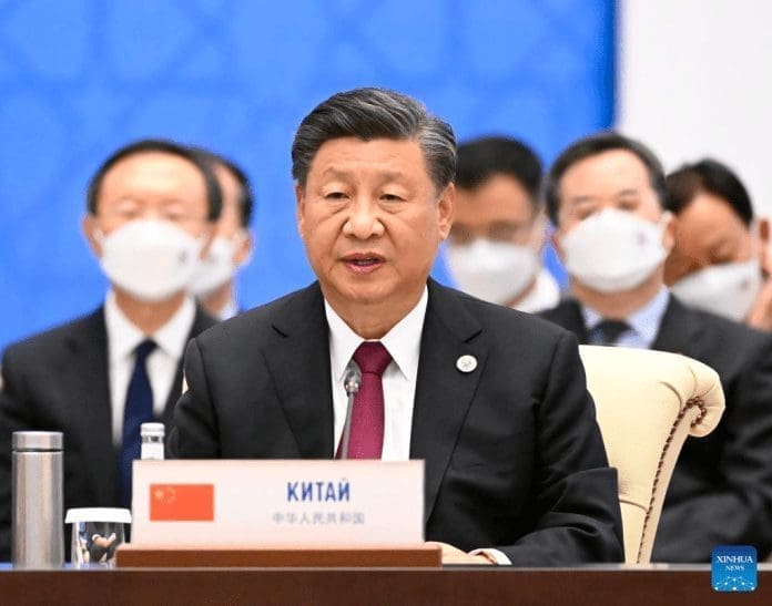 Chinese President Xi Jinping makes remarks while attending the 22nd meeting of the Council of Heads of State of the Shanghai Cooperation Organization (SCO) at the International Conference Center in Samarkand, Uzbekistan, Sept. 16, 2022. (Xinhua/Li Xueren)