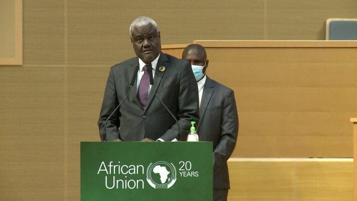 African Union Commission Chairperson Moussa Faki Mahamat (Front) speaks at the 41st Ordinary Session of the Executive Council of the African Union in Lusaka, Zambia, on July 14, 2022. The 41st Ordinary Session of the Executive Council of the African Union (AU) opened in Lusaka Thursday with the host country calling on African countries to enhance agricultural production in order to tackle food insecurity. (Xinhua/Martin Mbangweta)