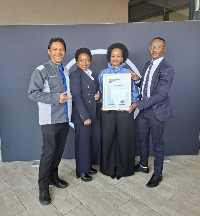 RECOGNITION: (from left): Shafick Solomons: Nissan South Africa Plant Director; Tiisetso Kwape, External and Government Affairs Manager; and, Kholo Kunene, Nissan Africa HR Director are seen here with Thabiso Mohlabeng: Marketing Manager and Head of Strategic Partnerships from TopCo media, representing the Standard Bank Top Women Awards.