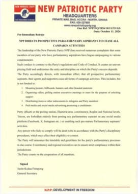 NPP orders parliamentary hopefuls to halt campaigns ahead of 2028