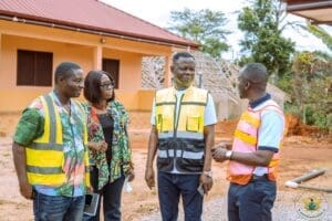 Western North Regional Minister, Hon. Wilbert Petty Brentum, engages contractors during inspection of ongoing projects in Wiawso Municipality Western North Regional Minister, Hon. Wilbert Petty Brentum, engages contractors during inspection of ongoing projects in Wiawso Municipality